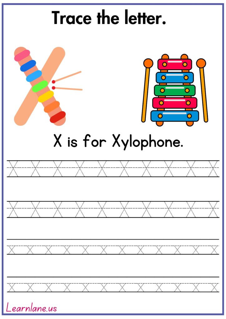Image showing Trace the letter X and practice writing X worksheet for preschool