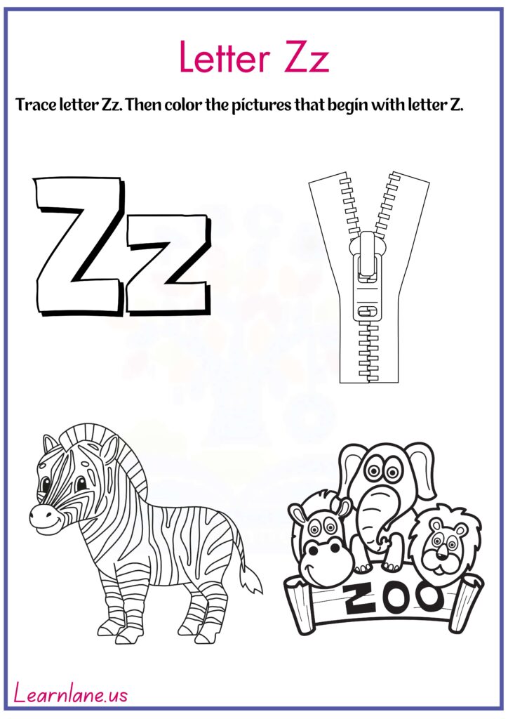 Image showing Trace letter z and color pictures that begin with letter z worksheet