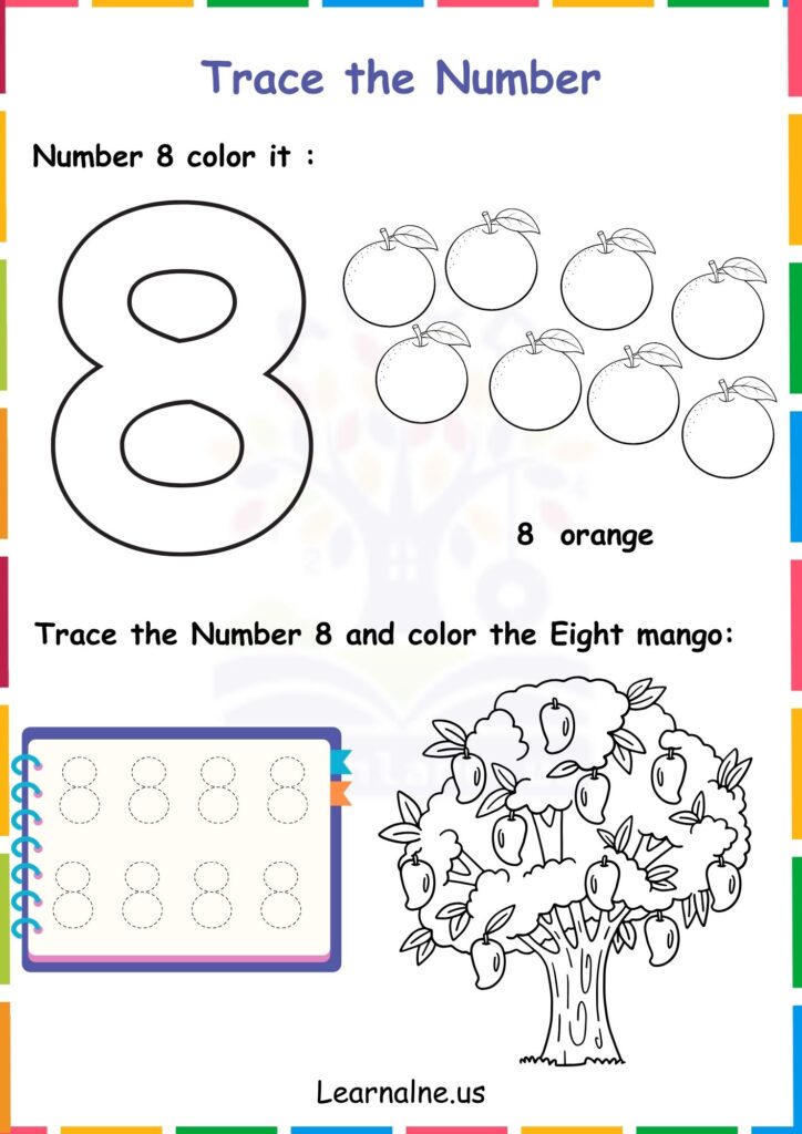 image showing letter 8 trace and color worksheets for kindergarten