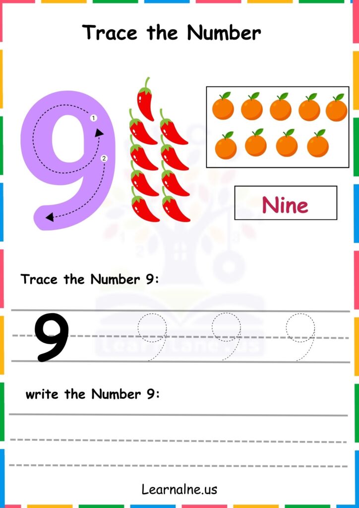 Image showing Number 9 trace and color worksheets for kindergarten