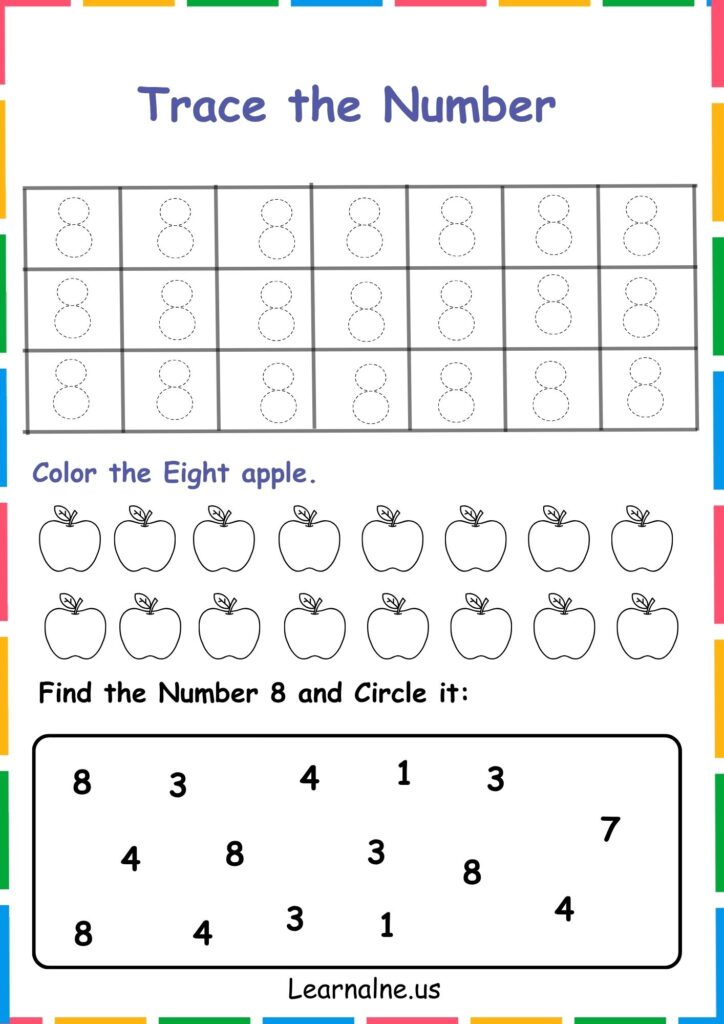 Image showing Letter 8 trace color and find worksheets for kindergarten