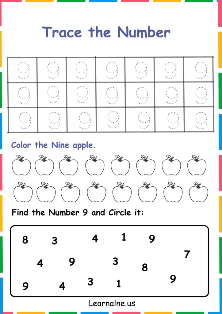 Image showing Trace color and circle Number  9 worksheets for kindergarten