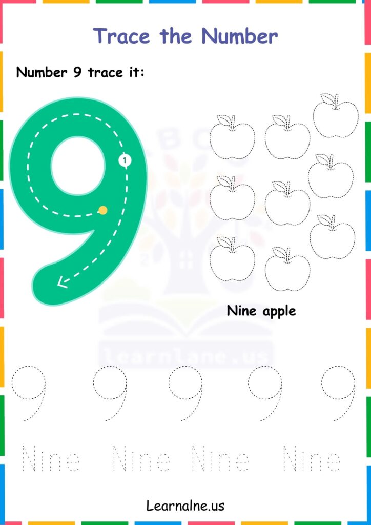 Image showing Trace the Number 9 workshets for kindergarten