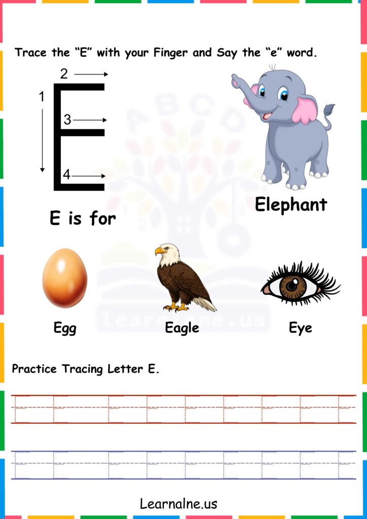 Image showing Alphabet E trace and Learn Worksheets for Kindergarten