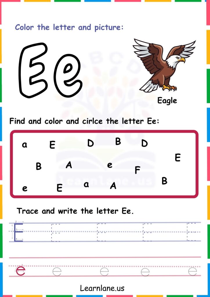 Image showing Color Trace and Circle the Alphabet E worksheets for kindergarten