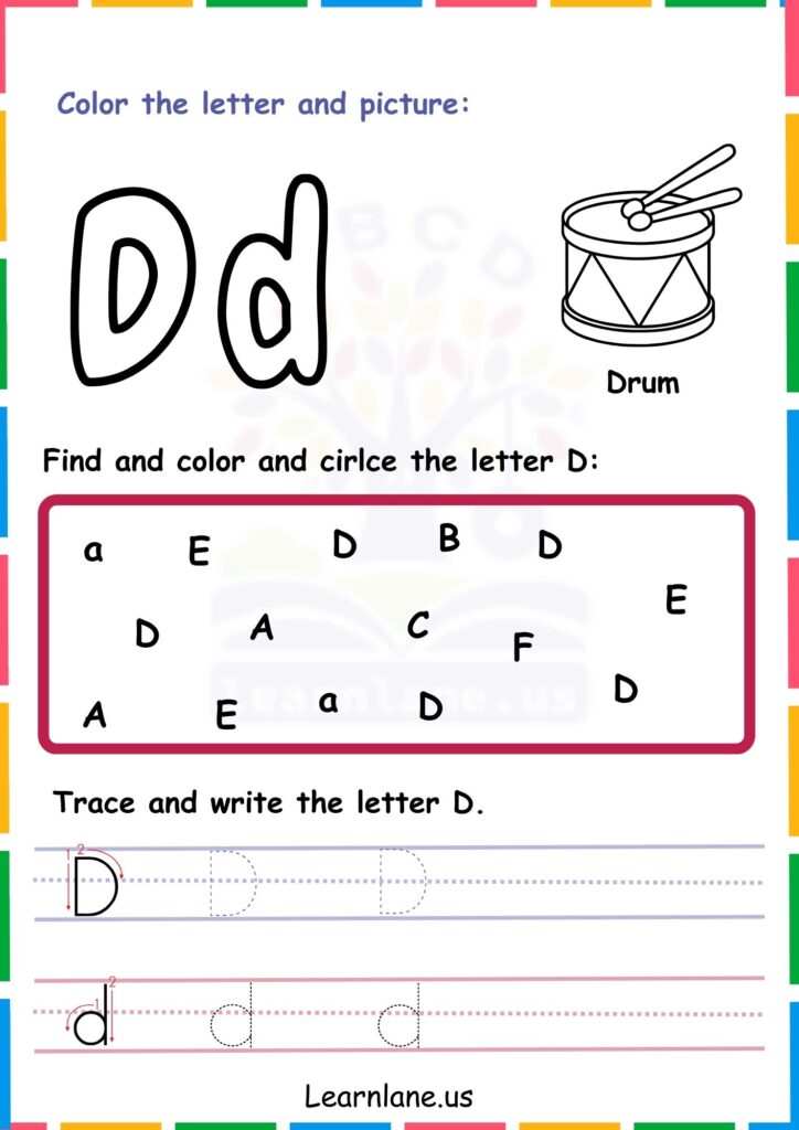 Image showing Color Trace and Circle the Alphabet d worksheets for kindergarten