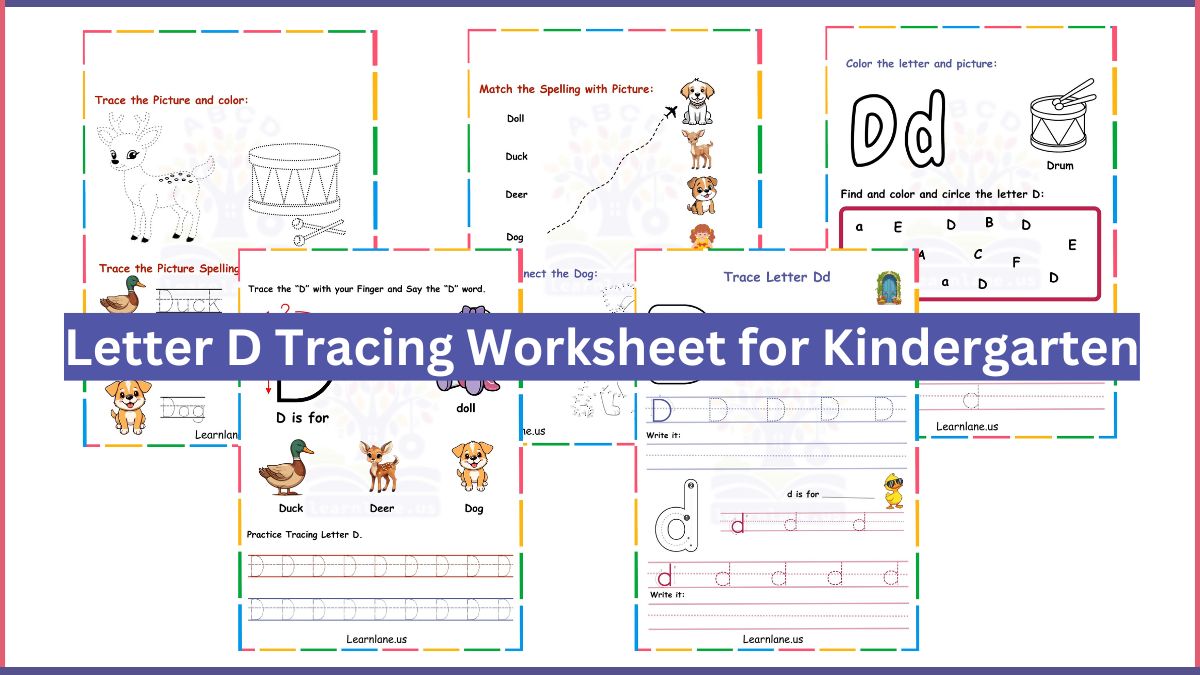 Letter D tracing worksheet for kindergarten with picture tracing, spelling match, and coloring activities