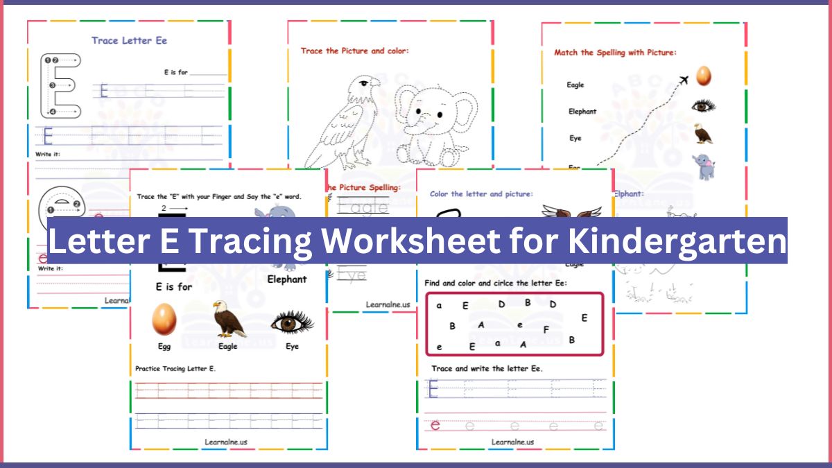 Letter E tracing worksheet for kindergarten with tracing, writing, coloring, and picture matching activities