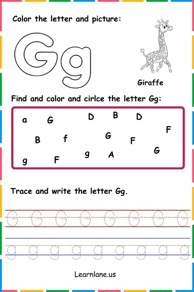 Image showing Letter G find Trace , and color the worksheets for kindergarten