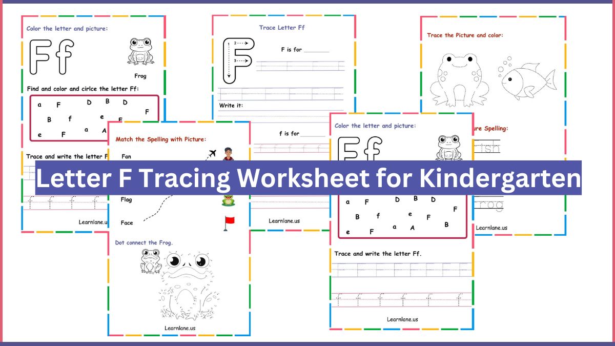 Letter F tracing worksheet for kindergarten with coloring, matching, dot-to-dot frog, and writing practice activities