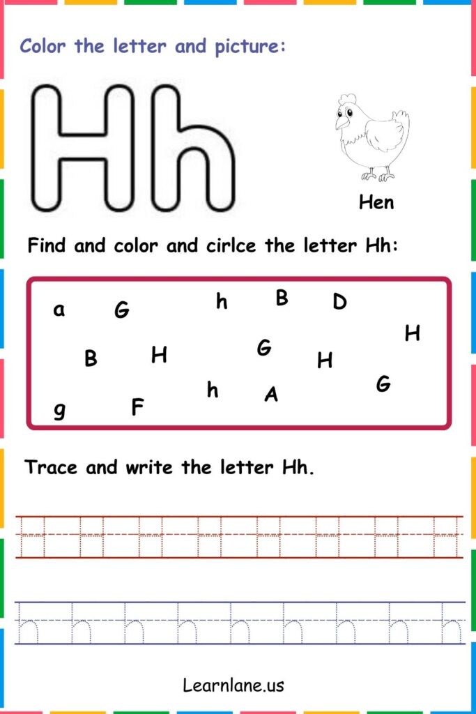 Image showing Color find and Trace the letter H worksheets for kindergarten