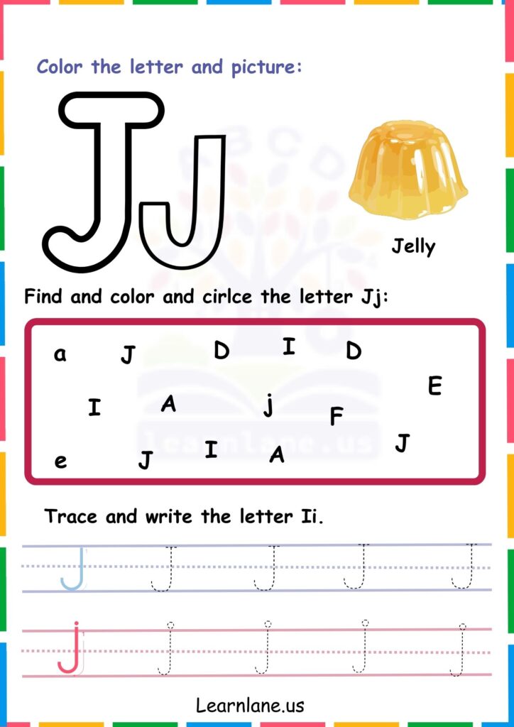 Image showing Color Trace and Circle the Alphabet j  worksheets for kindergarten