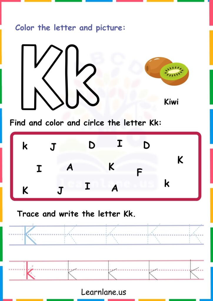 Image showing Color Trace and Circle the Alphabet k  worksheets for kindergarten