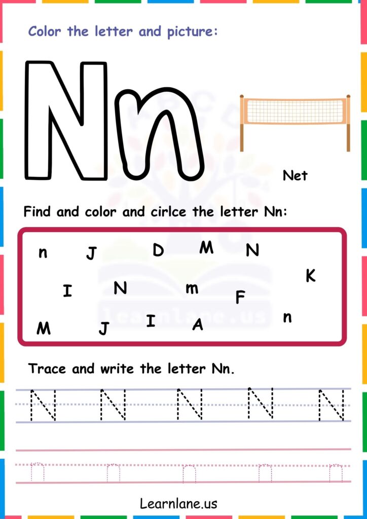 Image showing Color Trace and Circle the Alphabet  N worksheets for kindergarten