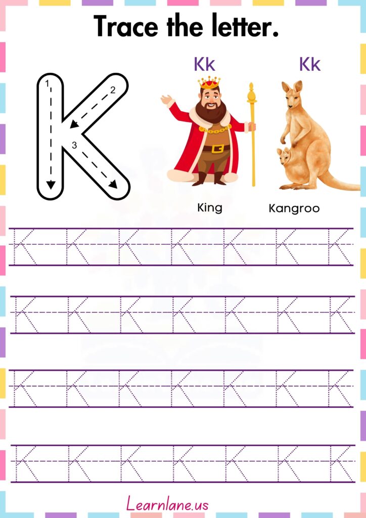 Trace and practice the letter Capital k worksheet for preschool