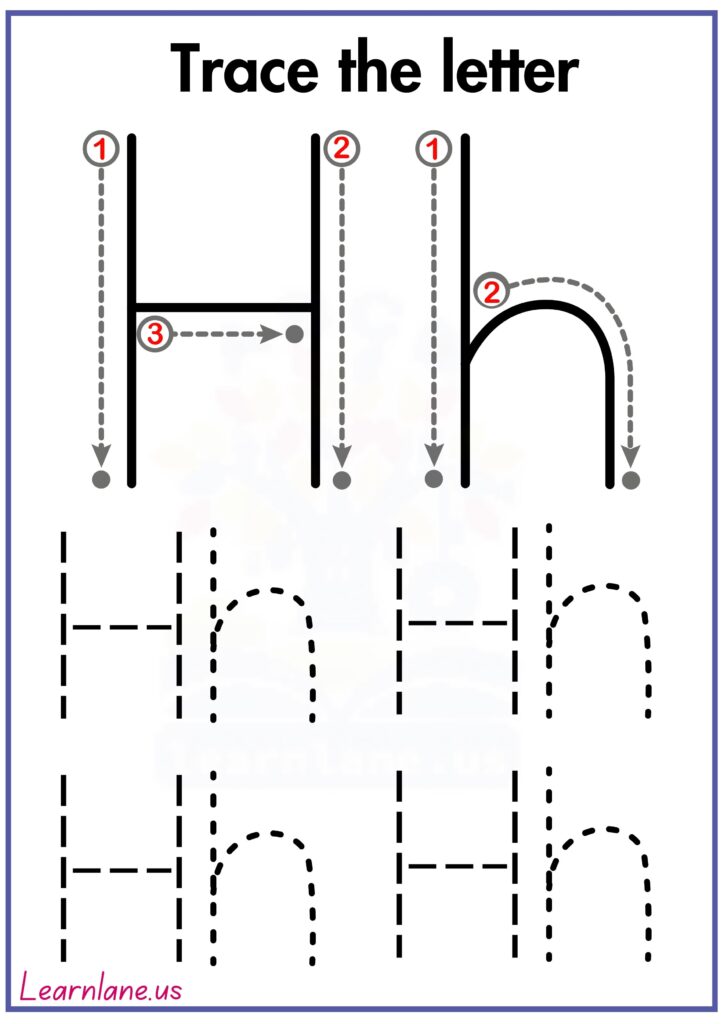 Trace the capital and small letter h following arrow worksheet for preschool