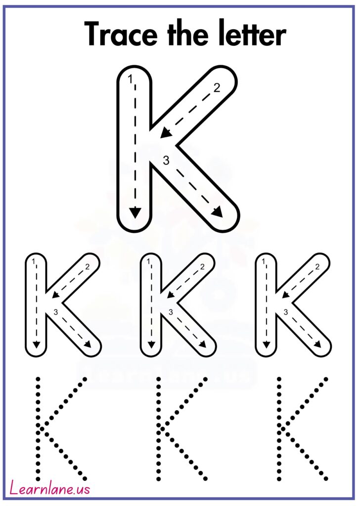 Trace the letter capital k following arrow worksheet for preschool