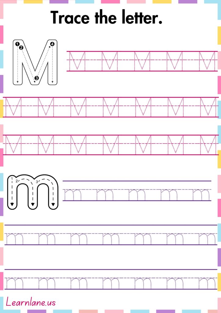 Trace and practice both Capital and small m preschool worksheet