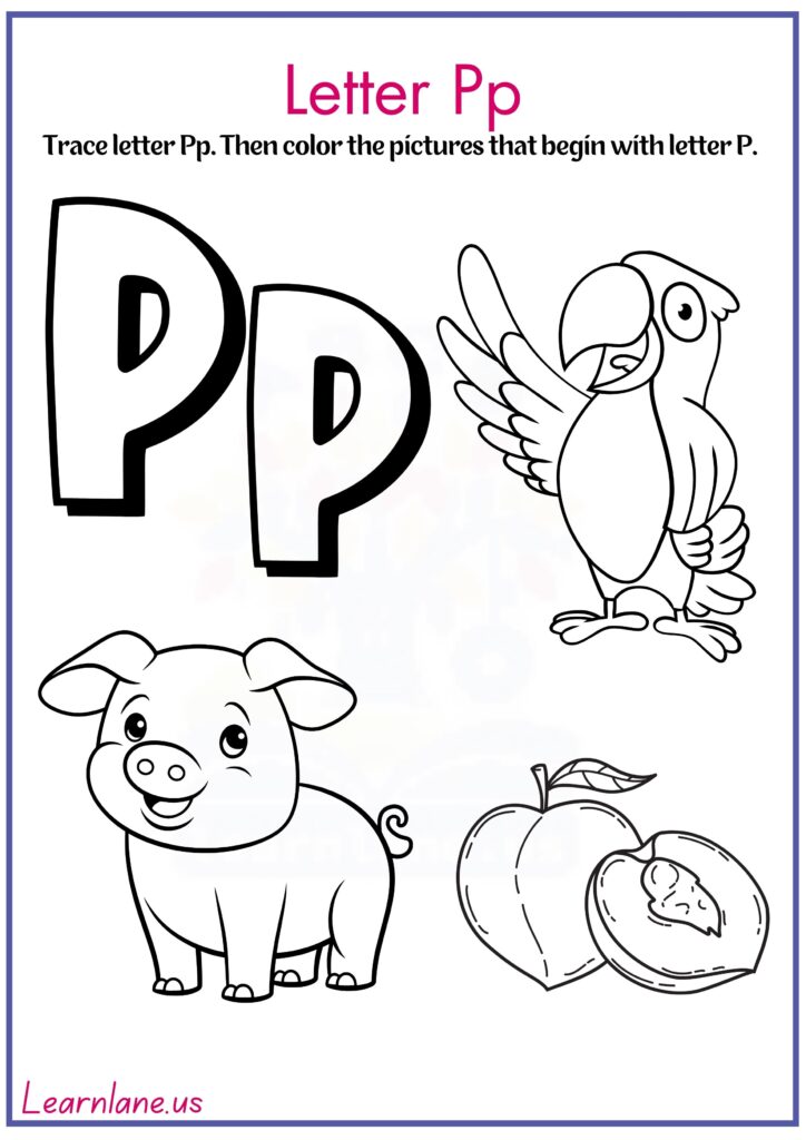 Image showing uppercase and lowercase P free printable tracing and coloring worksheet for preschool.