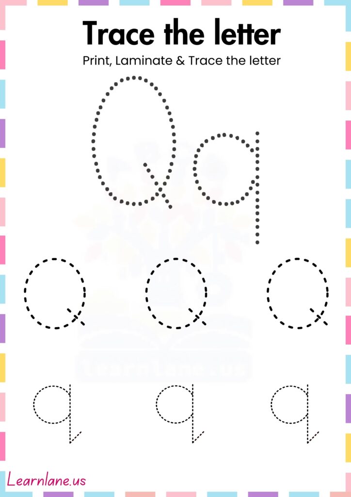 Image showing capital letter Q tracing worksheet for preschool, free printable.