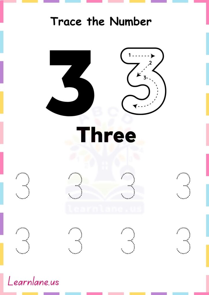 Preschool Number 3 Tracing Worksheet for Writing Practice
