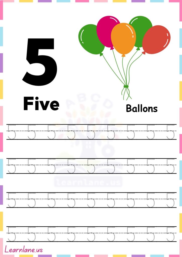 Preschool Number 5 Tracing Worksheet with Dotted Lines