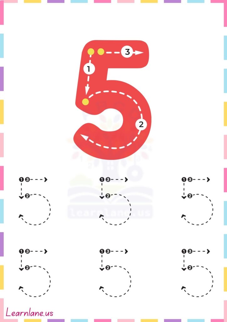 Preschool Printable Tracing Page for Number 5 Practice
