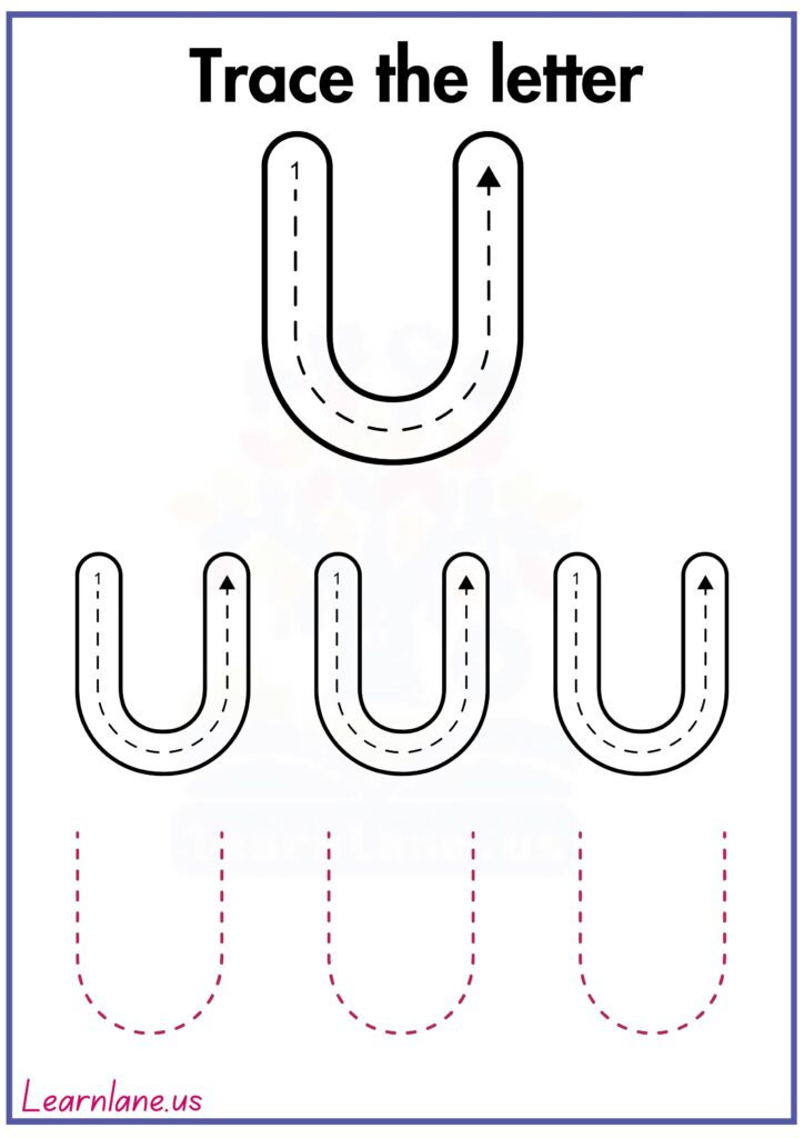 Trace the letter capital u following arrow worksheet for preschool
