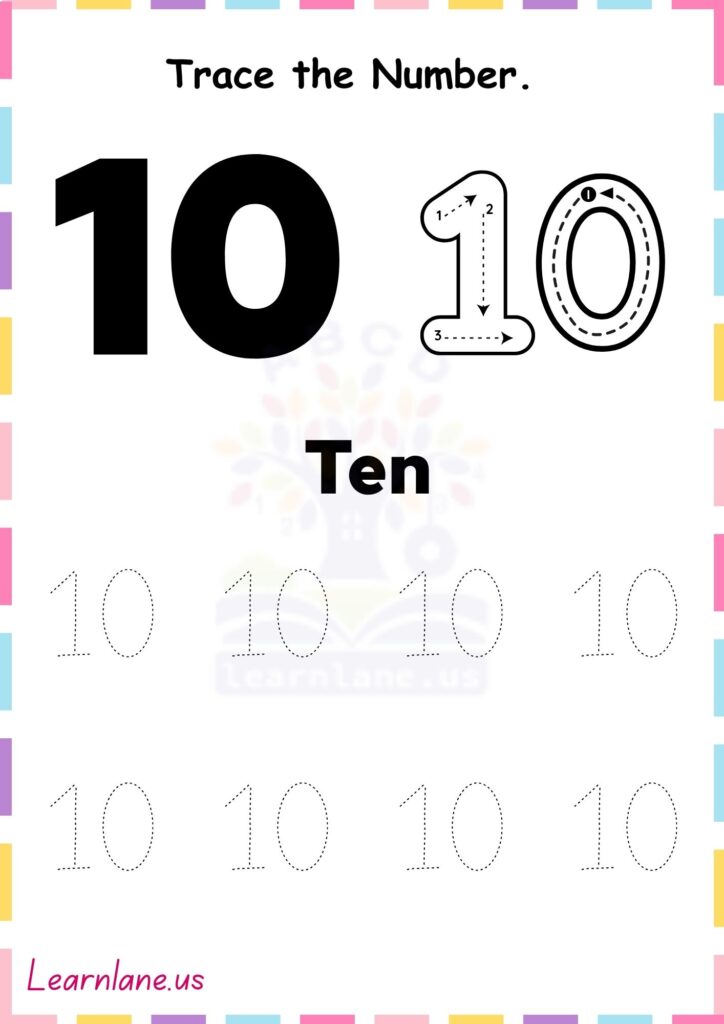Free Printable Number 10 Tracing Worksheet for Preschool Kids
