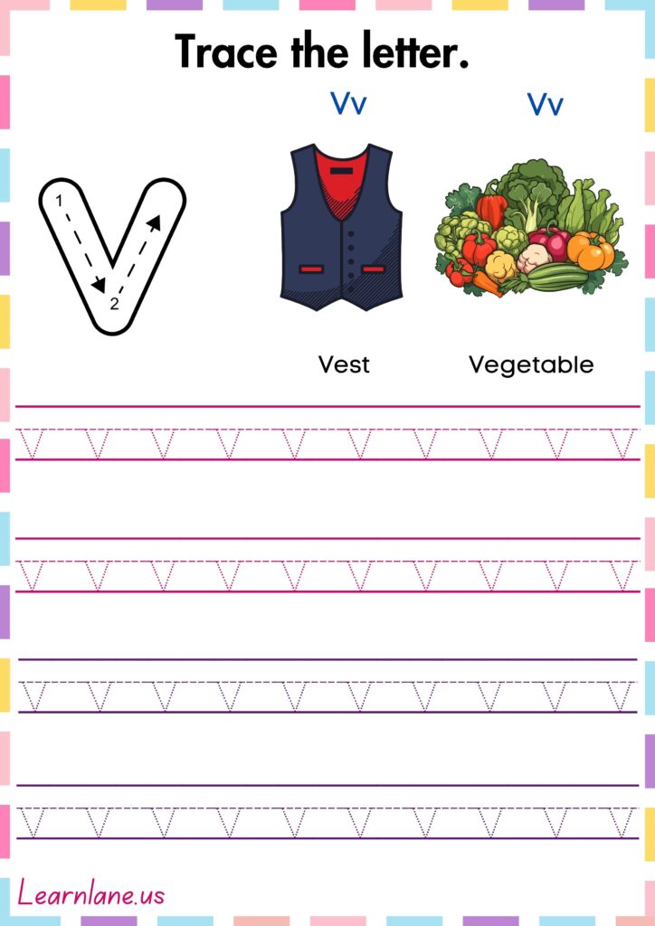 Image showing Trace and practice the small letter V preschool worksheet