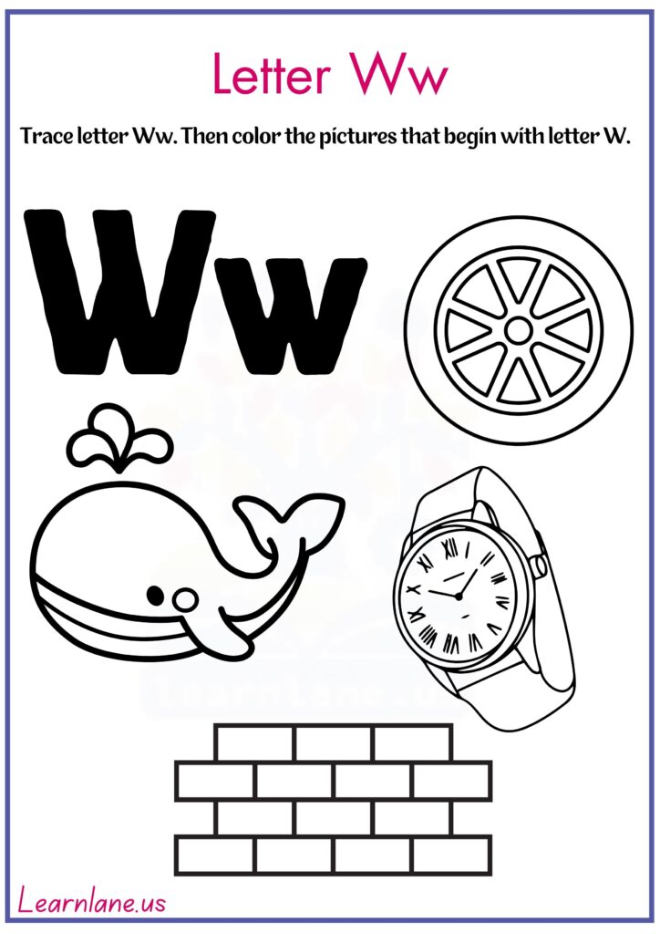 Image showing Trace letter W and color pictures that begin with letter W worksheet
