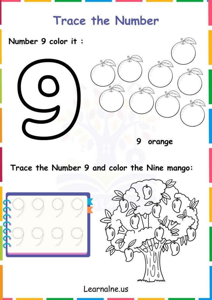 Image showing Number 9 trace and color worksheets for kindergarten