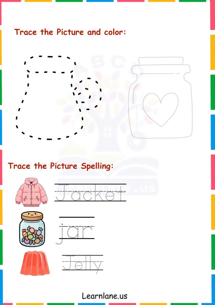 Image showing Trace the Alphabet j Letters and picture worksheets for kindergarten