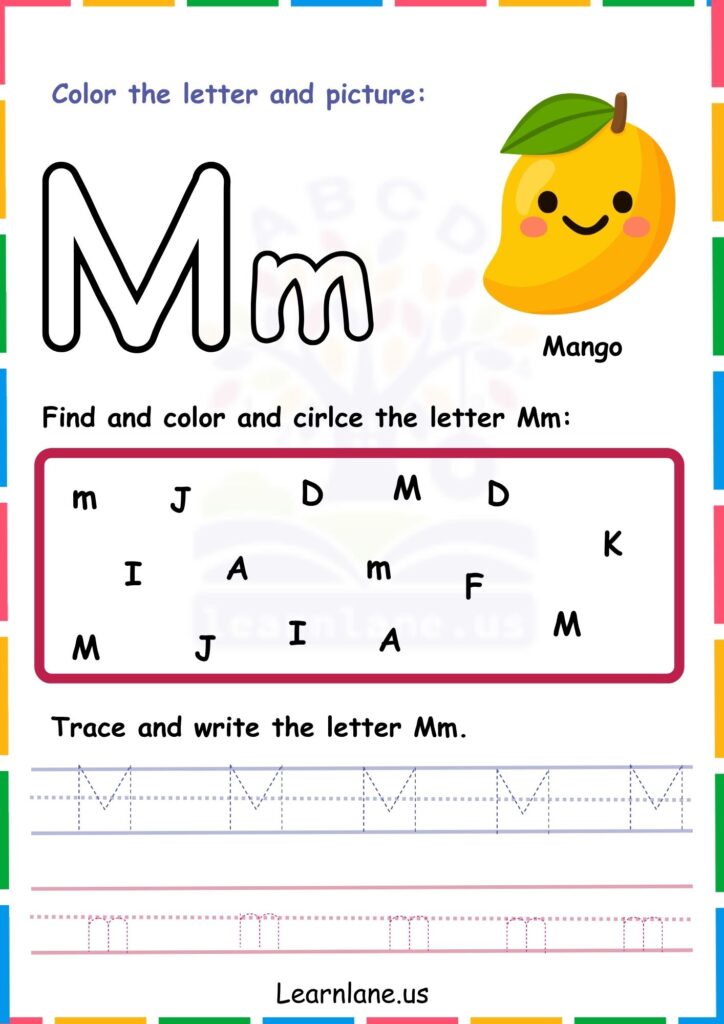 Image showing Color Trace and Circle the Alphabet M  worksheets for kindergarten