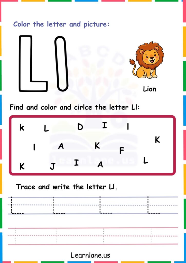Image showing Color Trace and Circle the Alphabet l worksheets for kindergarten