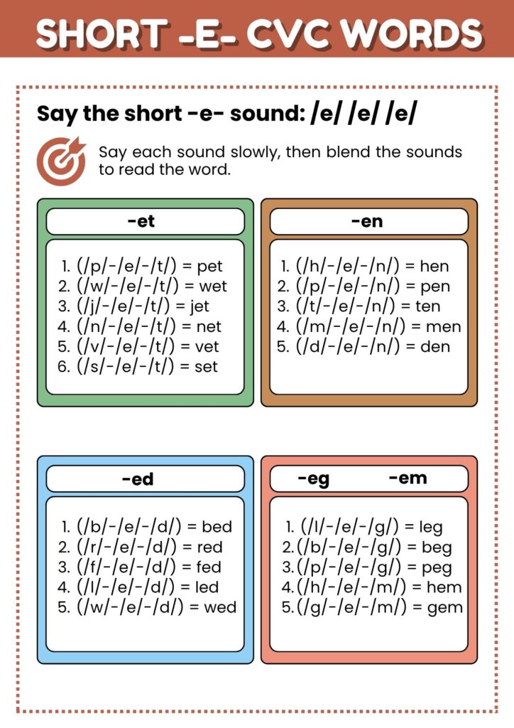 image showing say the short -e - sound worksheet